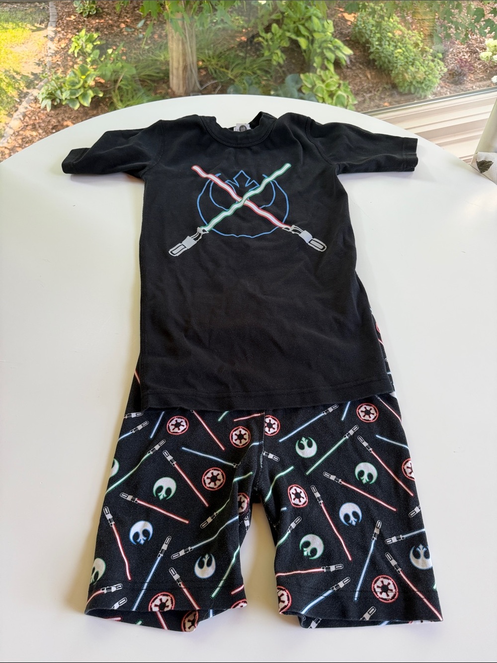 Hanna Andersson Black Pajama Set with Red, Green & Blue Lightsaber Graphics
